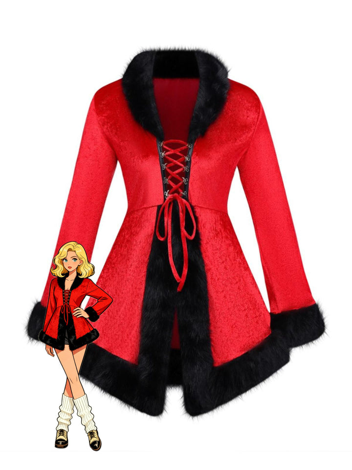 Red 1970s Christmas Fur-Trim Lace Up Velvet Dress - vintage dress, retro fashion, elegant red