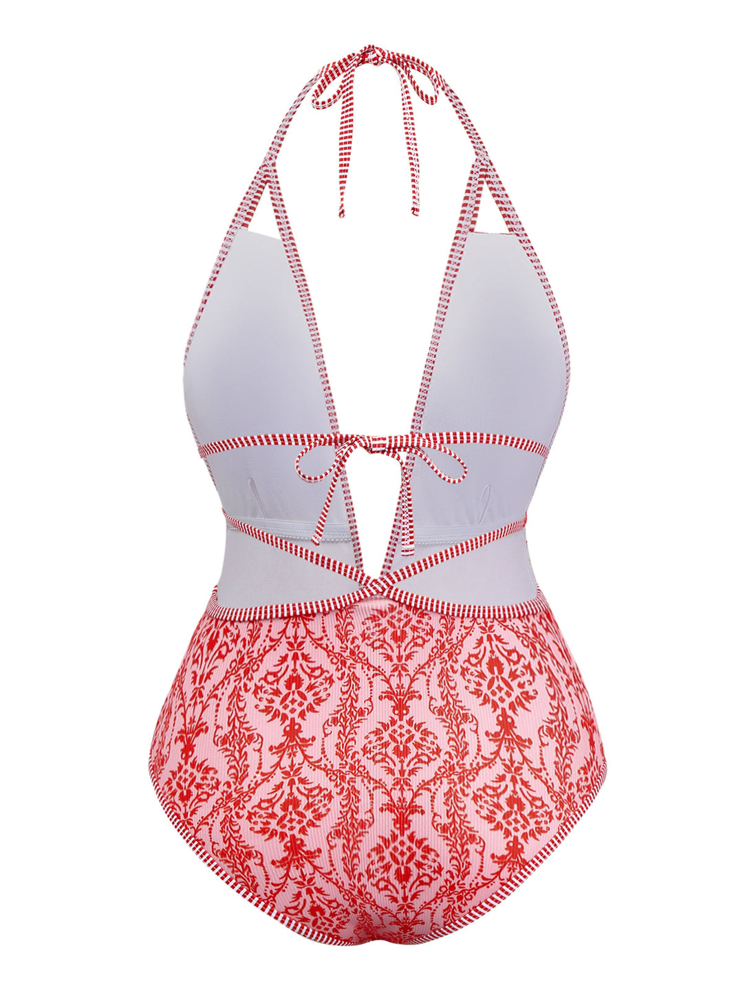 Red 1970s Deep V-Neck Halter Baroque Prints Swimsuit: 1970s Riviera elegance, reimagined for her
