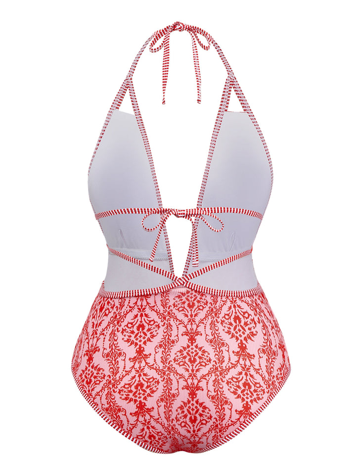 Red 1970s Deep V-Neck Halter Baroque Prints Swimsuit: 1970s Riviera elegance, reimagined for her