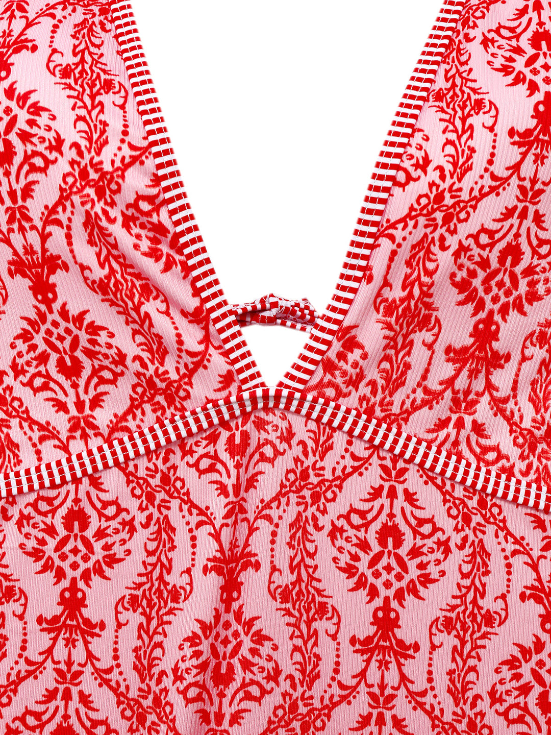 Red 1970s Deep V-Neck Halter Baroque Prints Swimsuit — because 1970s glamour never goes out of style