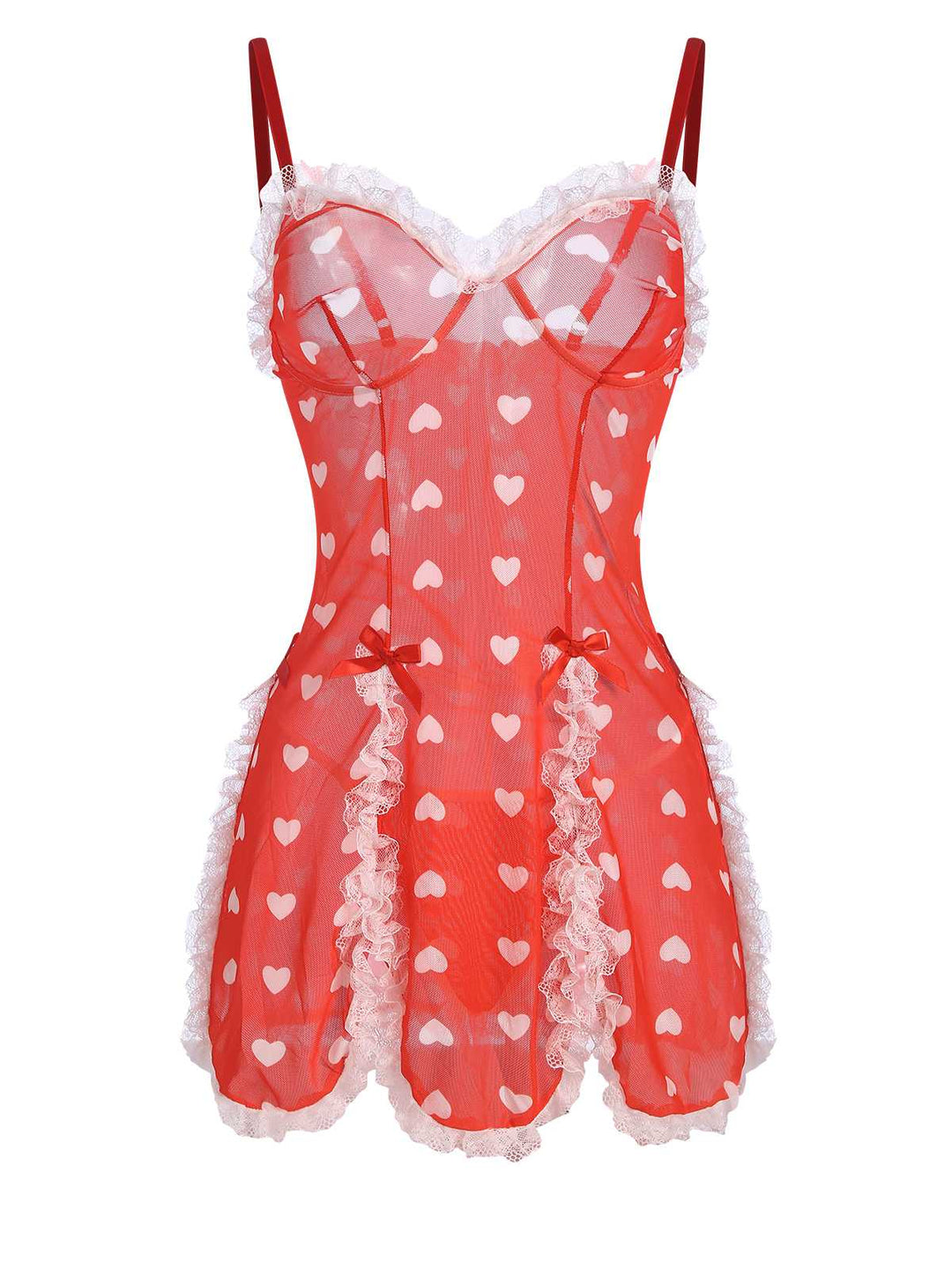 She slips into this Red Lace Heart Ruffles Nightgown and suddenly it&