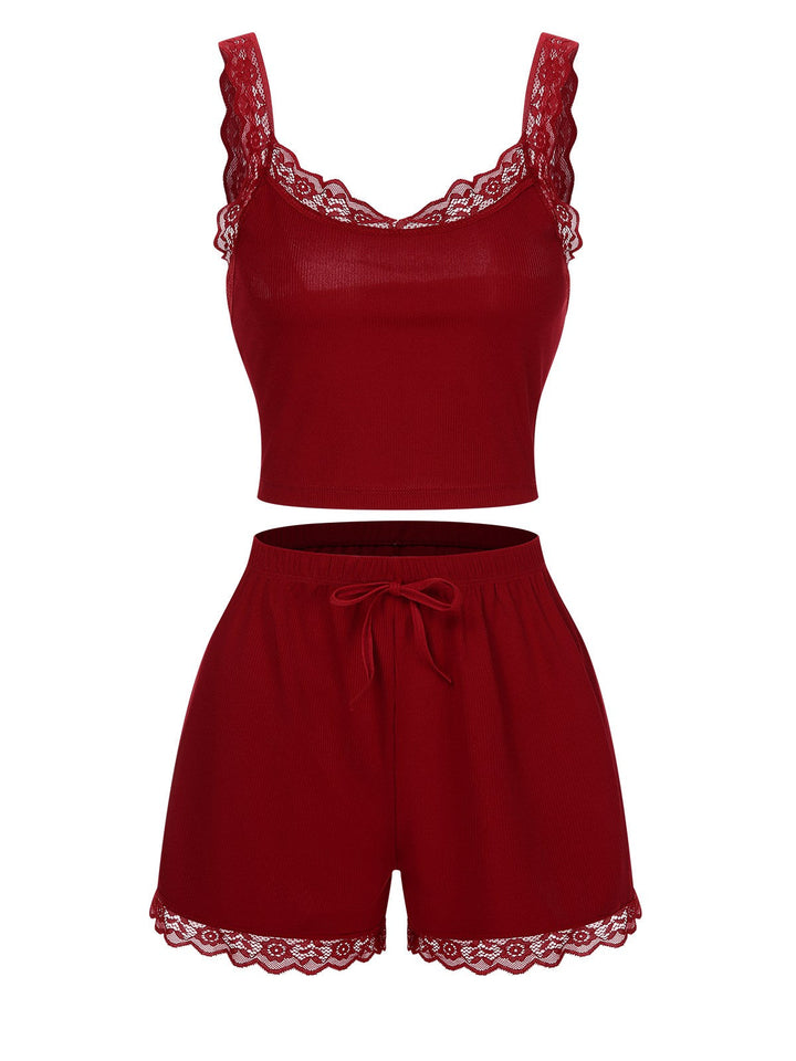 Red Lace Trimmed Straps Pajamas, vintage pajamas, retro nightwear - perfect for women who love vintage and retro fashion