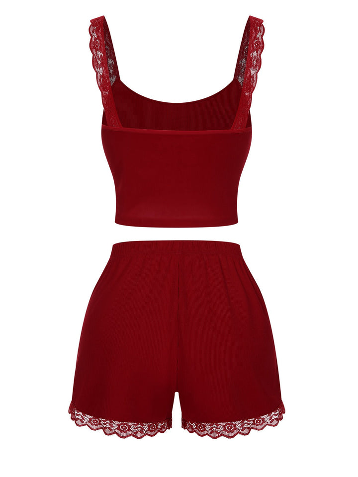 Red Lace Trimmed Straps Pajamas, vintage pajamas, retro nightwear - perfect for women who love vintage and retro fashion