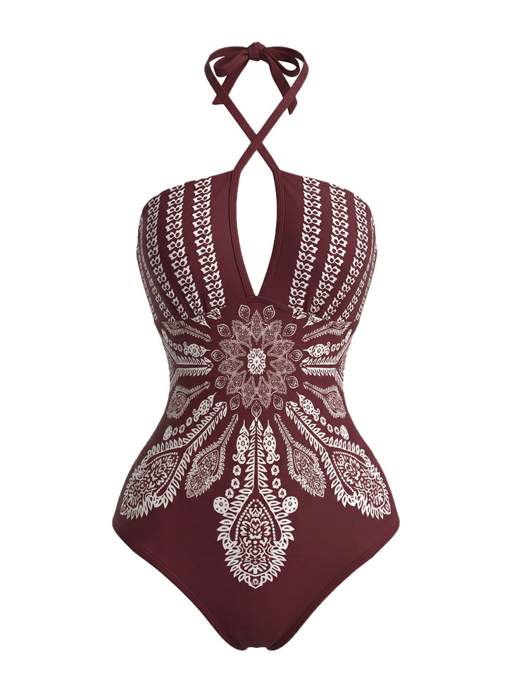 Red Mandala Cross-Halter Boho One-Piece Swimsuit - vintage swimsuit, swimwear for vintage lovers
