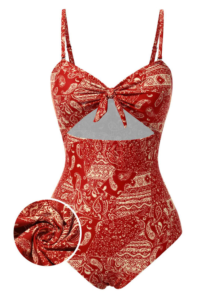 Red 1970s Paisley Hollow Spaghetti Straps Swimsuit: 1970s Riviera elegance, reimagined for her