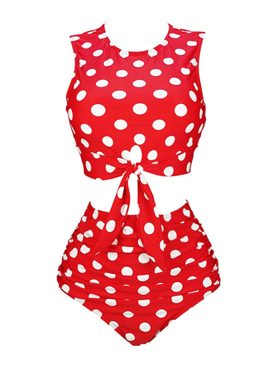 Red 1970s Polka Dots Waist Tie Swimsuit, vintage swimsuit, pin-up swimwear - perfect for women who love vintage and retro fashion