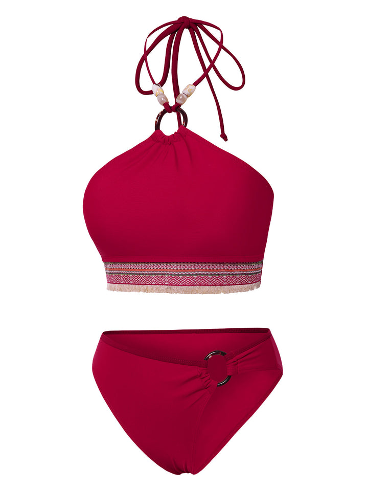 Red 1970s Princess Style Beading Halter Bikini Set, vintage swimsuit, pin-up swimwear - perfect for women who love vintage and retro fashion