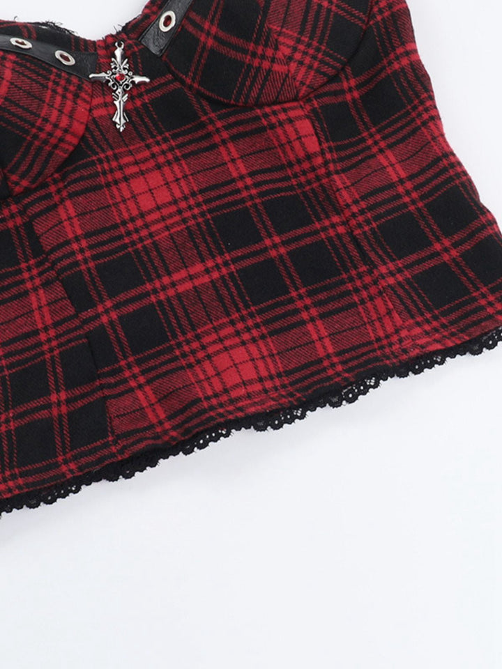 2PCS Red 1980s Plaid Smocked Top &amp; High-Low Hem Skirt - vintage skirt, retro style for vintage lovers