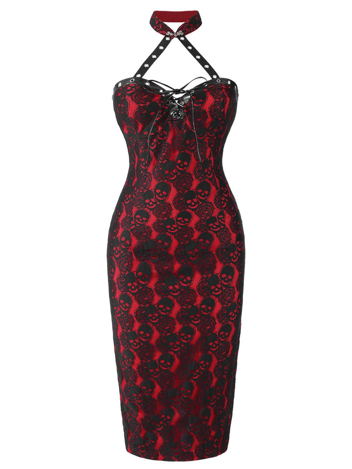 Red 1970s Skull Gothic Halter Pencil Dress, vintage dress, retro fashion - perfect for women who love vintage and retro fashion