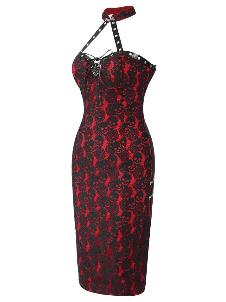 Red 1970s Skull Gothic Halter Pencil Dress, vintage dress, retro fashion - perfect for women who love vintage and retro fashion