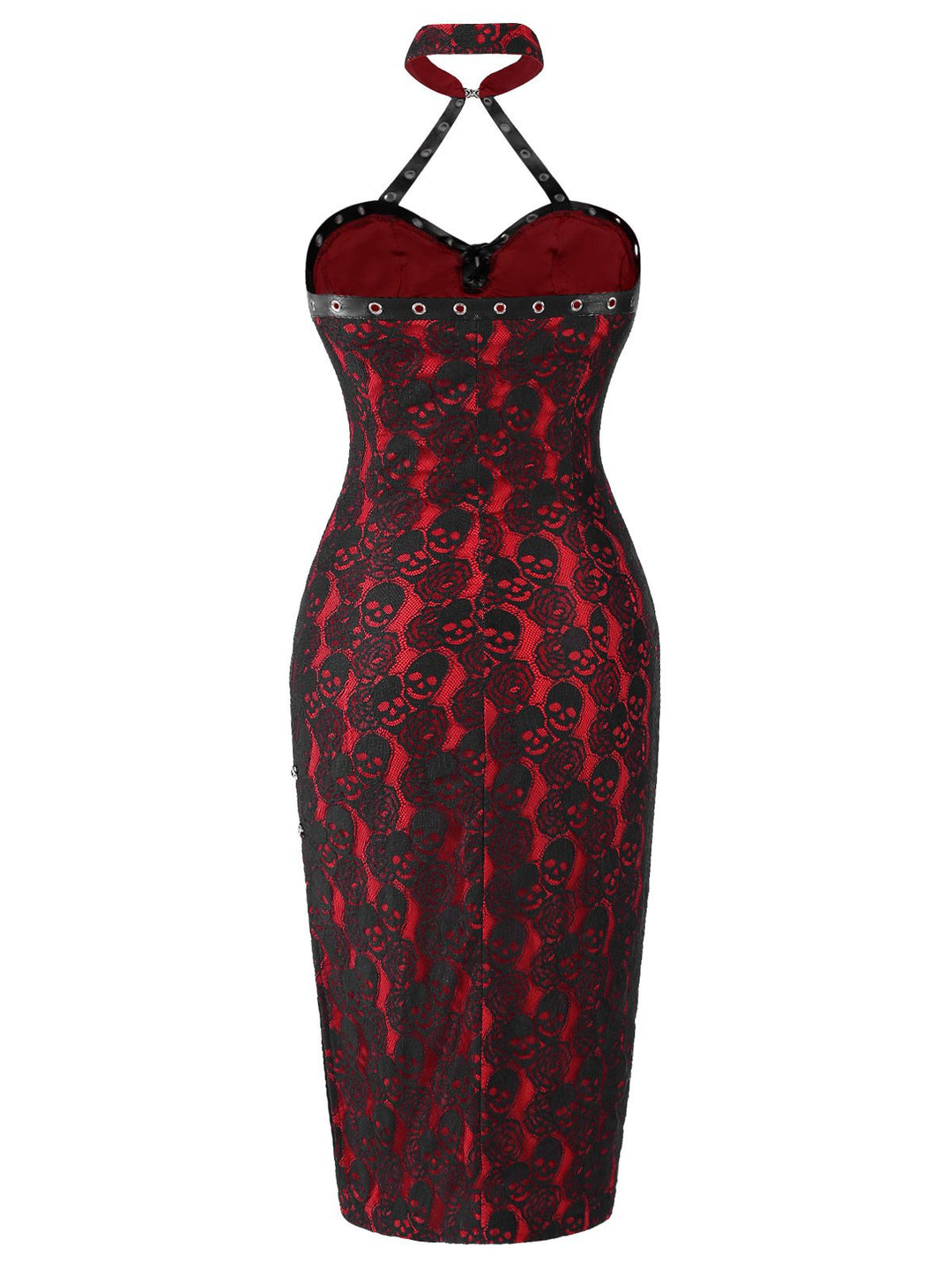 Red 1970s Skull Gothic Halter Pencil Dress, vintage dress, retro fashion - perfect for women who love vintage and retro fashion