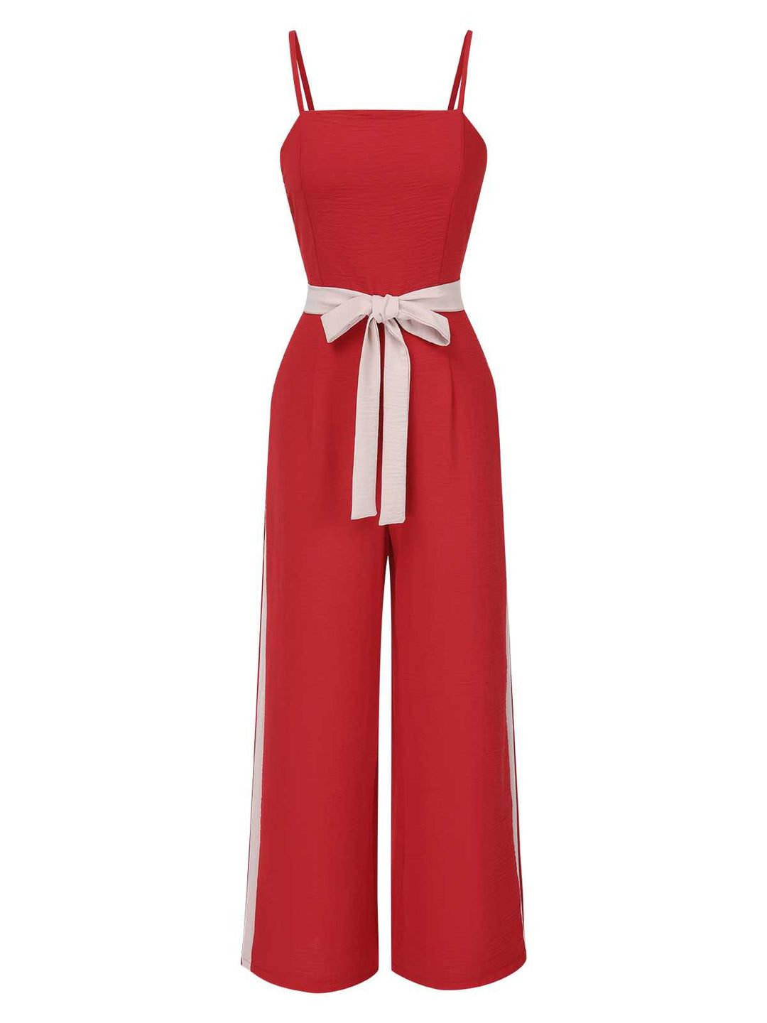 She adds this Red 1970s Spaghetti Strap Belted Stripe Jumpsuit and suddenly it&