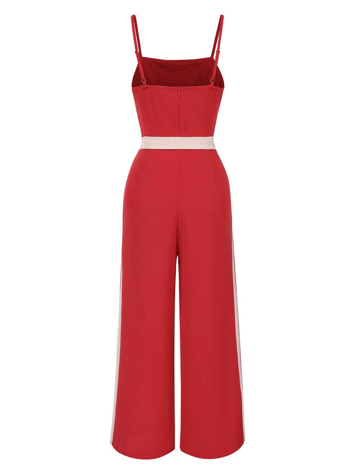 Red 1970s Spaghetti Strap Belted Stripe Jumpsuit: 1970s detail work for the woman who notices