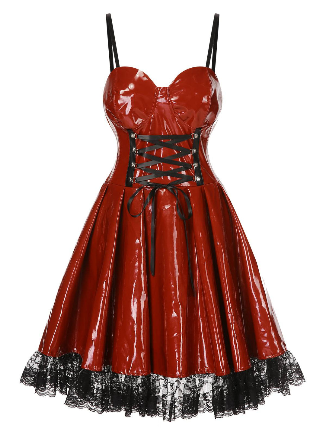 She slips into this Red 1970s Steampunk Glossy Lace-Up Suspender Dress and suddenly it&