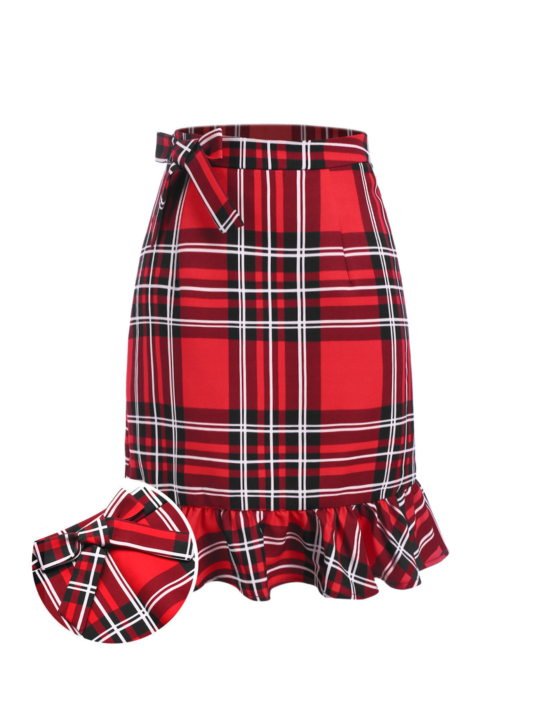 She sways in this Red 1970s Tartan Plaids Bow Ruffles Skirt and it&