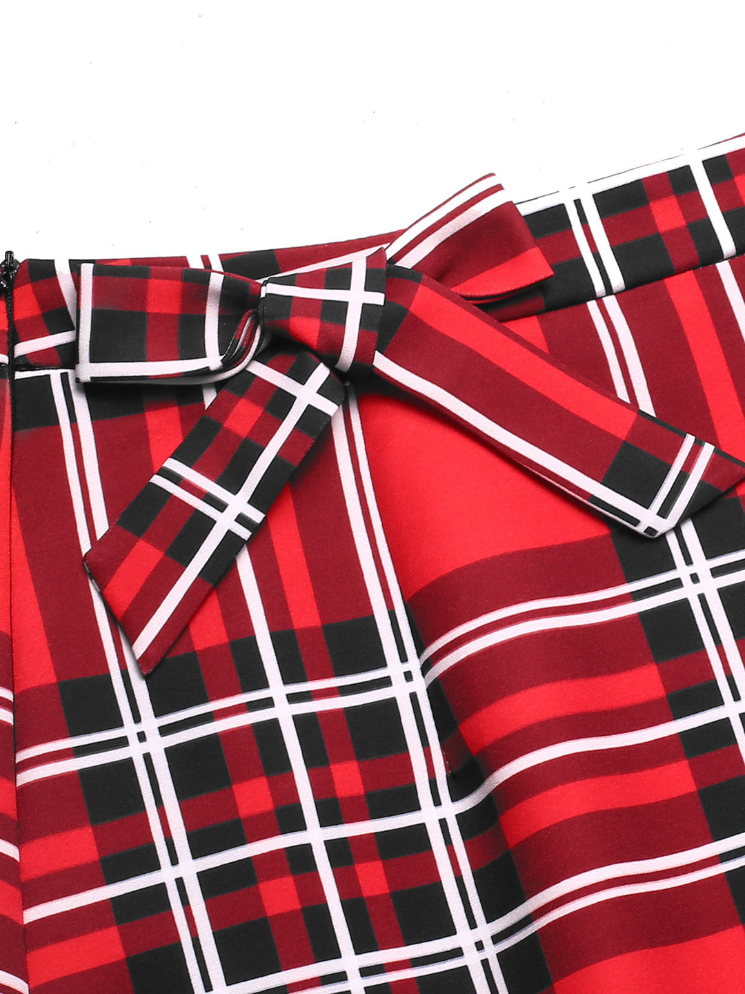 Red 1970s Tartan Plaids Bow Ruffles Skirt — 1970s femininity that moves with her mood