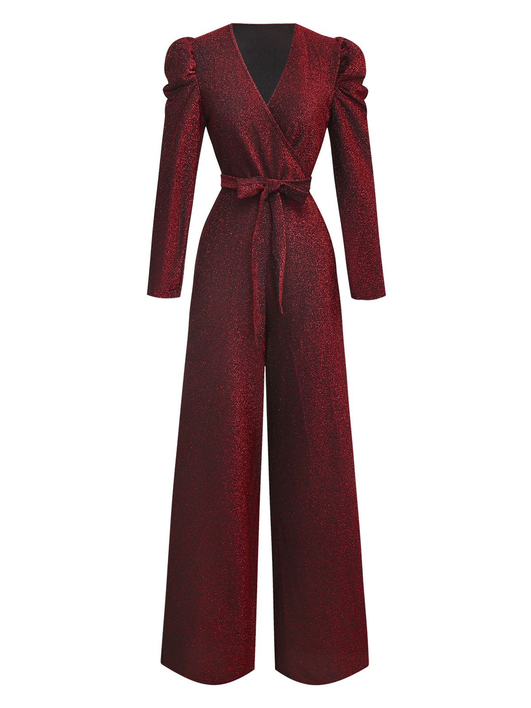 Red 1980s Glitter Deep-V Long Sleeve Jumpsuit - vintage jumpsuit, retro fashion, elegant red