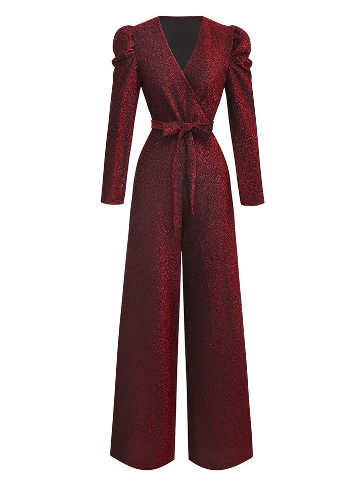 Red 1980s Glitter Deep-V Long Sleeve Jumpsuit - vintage jumpsuit, retro fashion, elegant red