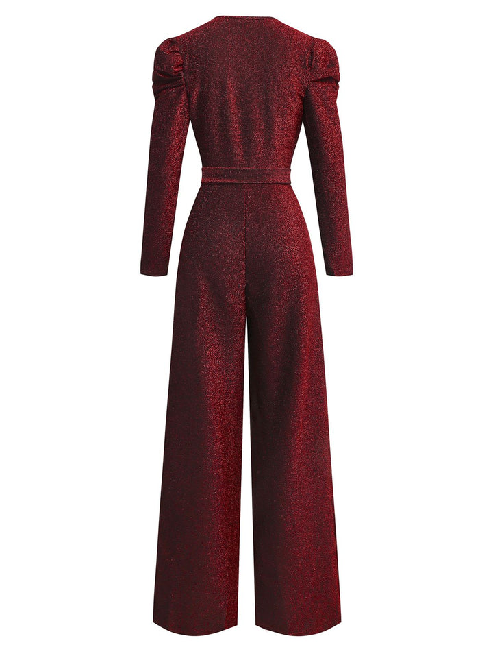 Red 1980s Glitter Deep-V Long Sleeve Jumpsuit - vintage jumpsuit, retro fashion, elegant red