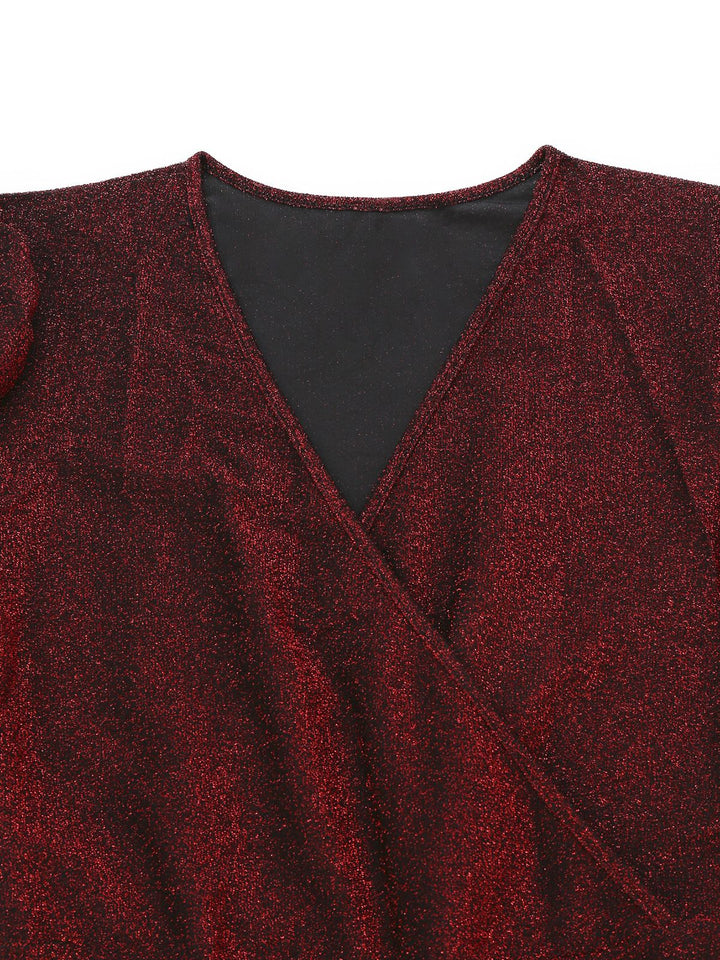 Red 1980s Glitter Deep-V Long Sleeve Jumpsuit - vintage jumpsuit, retro fashion, elegant red
