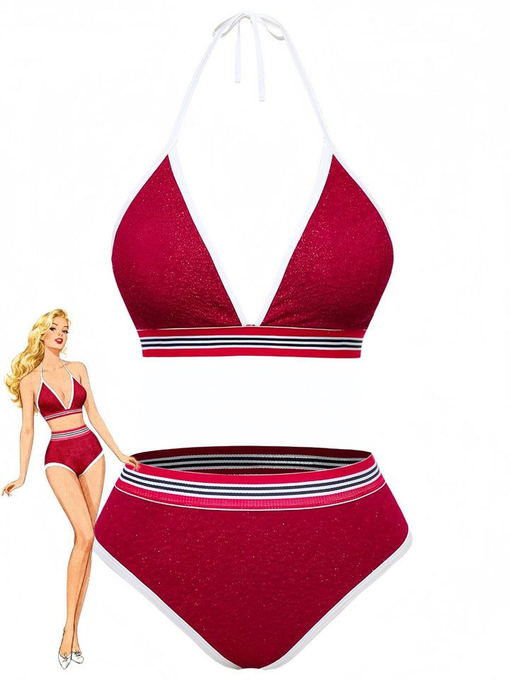 Red Glitter Halter High Waist Bikini Set, vintage swimsuit, swimwear - perfect for women who love vintage and retro fashion