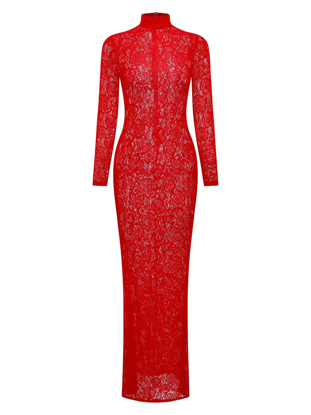 Red 1980s High Neck Sheer Lace Bodycon Maxi Dress - vintage dress, retro fashion, elegant red