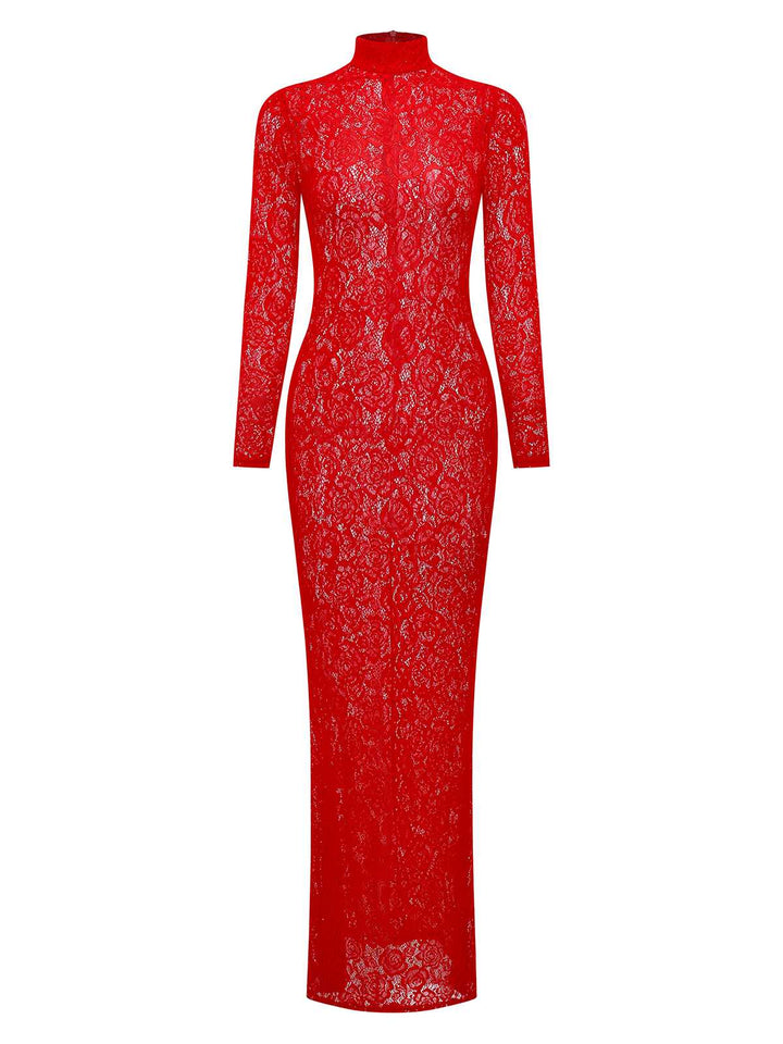 Red 1980s High Neck Sheer Lace Bodycon Maxi Dress - vintage dress, retro fashion, elegant red