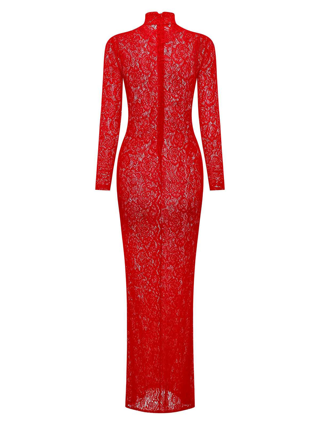 Red 1980s High Neck Sheer Lace Bodycon Maxi Dress - vintage dress, retro fashion, elegant red