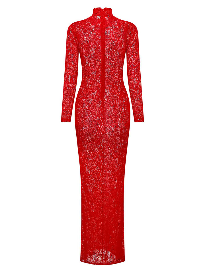 Red 1980s High Neck Sheer Lace Bodycon Maxi Dress - vintage dress, retro fashion, elegant red