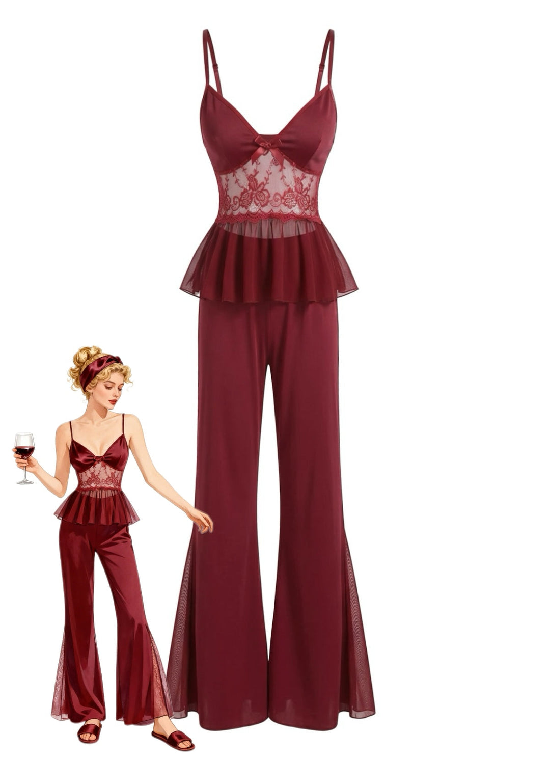 Red Lace Camisole and Flare Leg Pajama Set - vintage fashion, retro style, elegant red