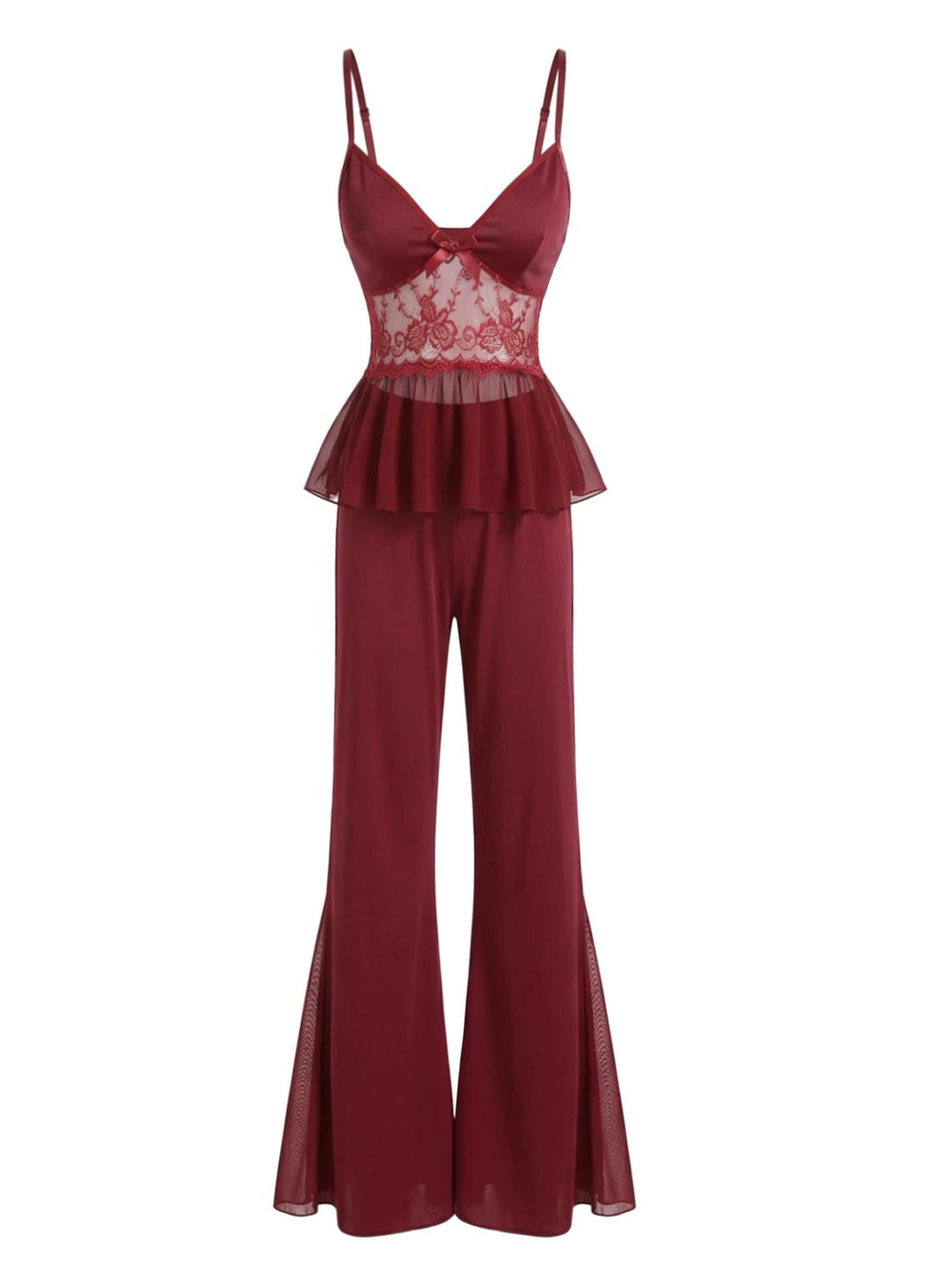 Red Lace Camisole and Flare Leg Pajama Set - vintage fashion, retro style, elegant red