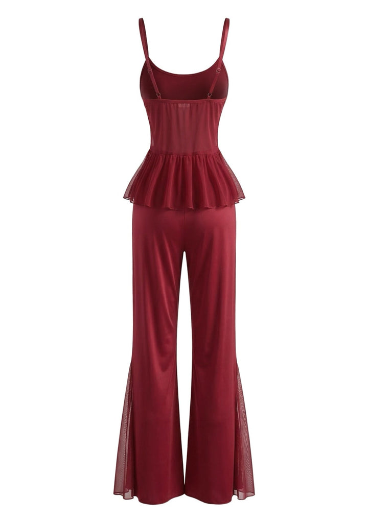 Red Lace Camisole and Flare Leg Pajama Set - vintage fashion, retro style, elegant red