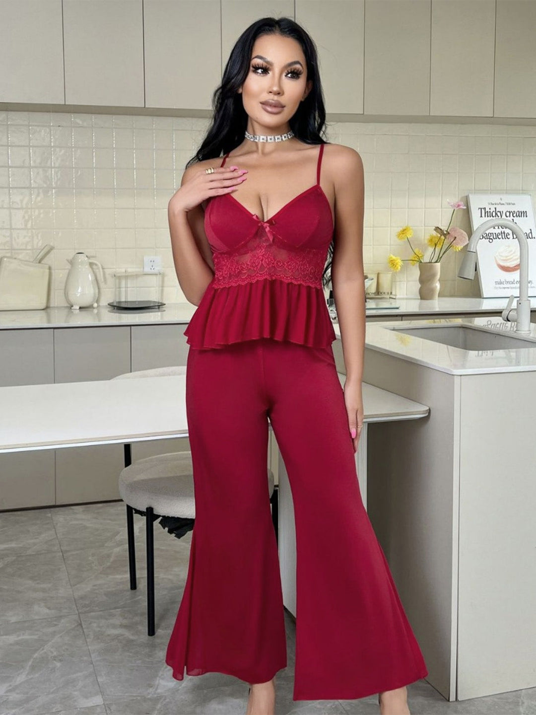 Red Lace Camisole and Flare Leg Pajama Set - vintage fashion, retro style, elegant red