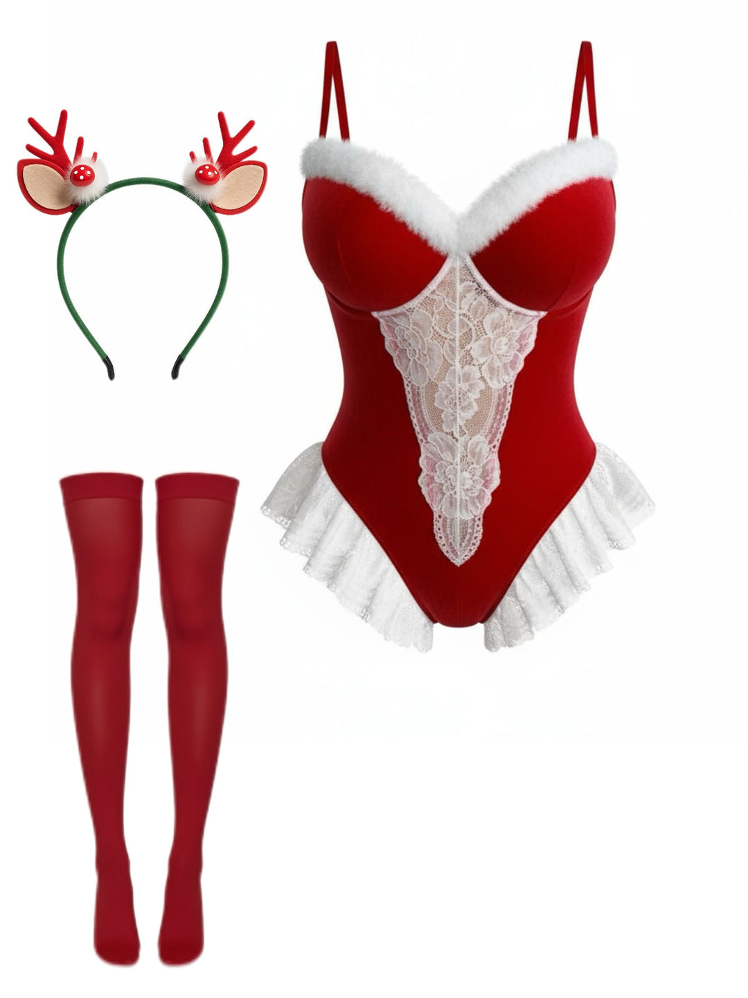 Red Reindeer Lace Christmas Lingerie Set - vintage fashion, retro style, elegant red