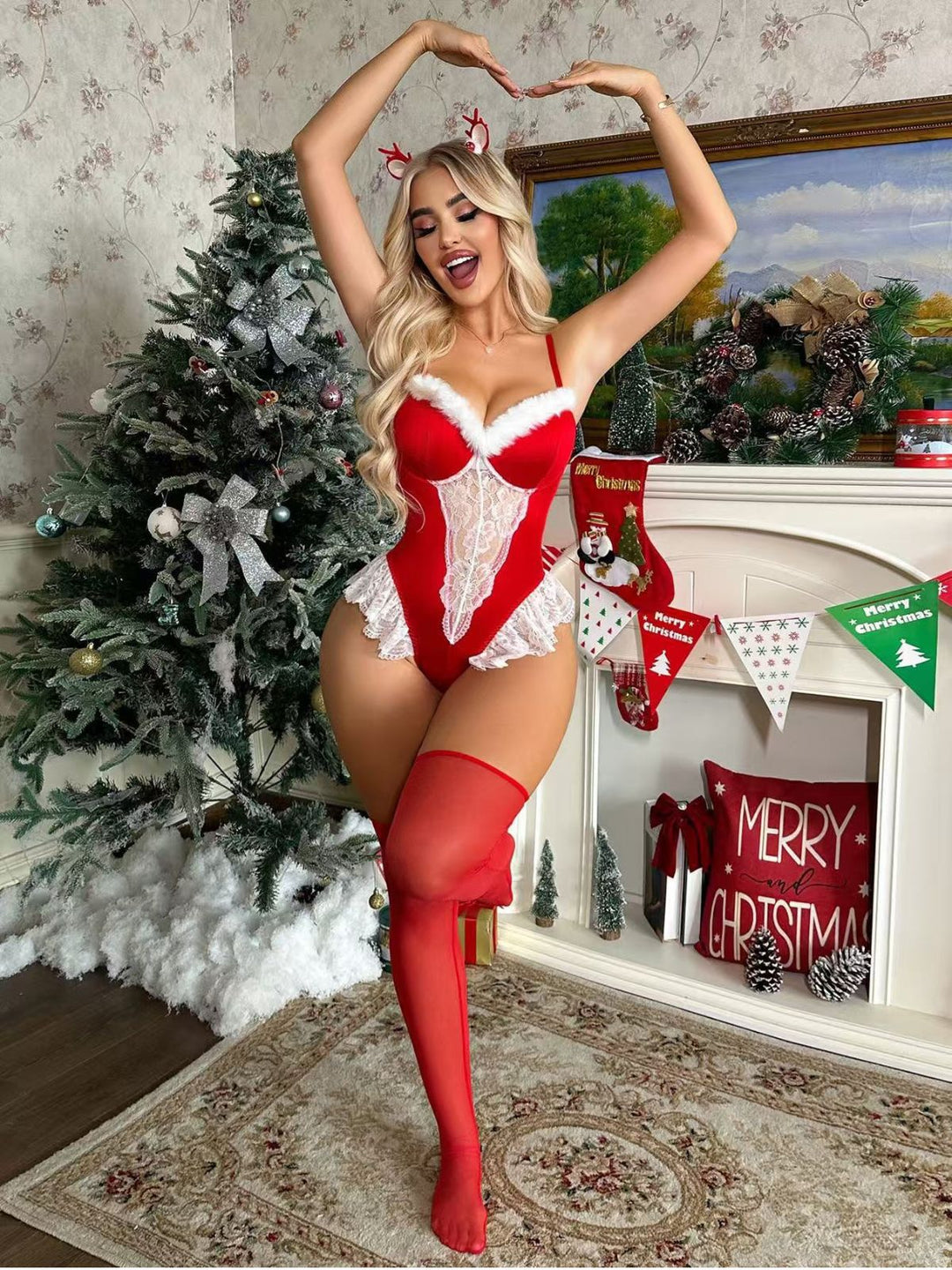 Red Reindeer Lace Christmas Lingerie Set - vintage fashion, retro style, elegant red
