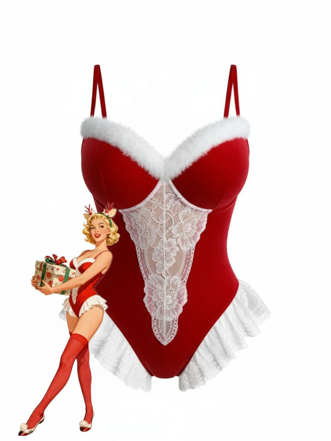 Red Reindeer Lace Christmas Lingerie Set - vintage fashion, retro style, elegant red