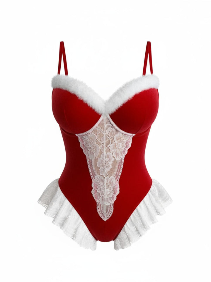 Red Reindeer Lace Christmas Lingerie Set - vintage fashion, retro style, elegant red