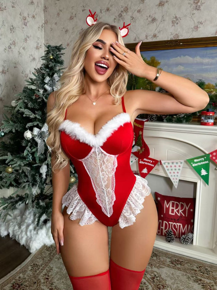 Red Reindeer Lace Christmas Lingerie Set - vintage fashion, retro style, elegant red