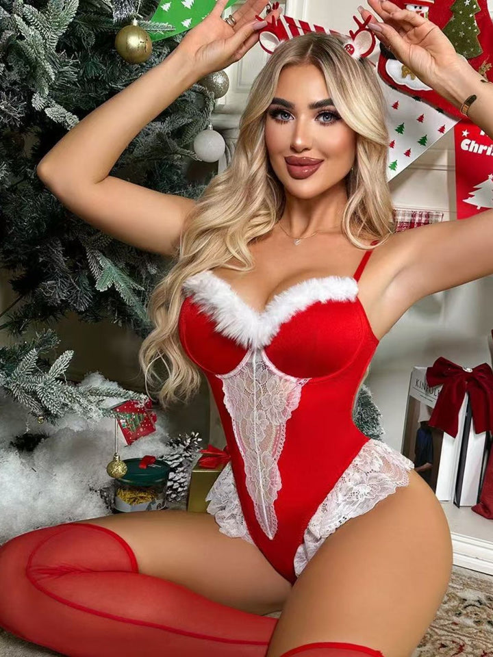 Red Reindeer Lace Christmas Lingerie Set - vintage fashion, retro style, elegant red