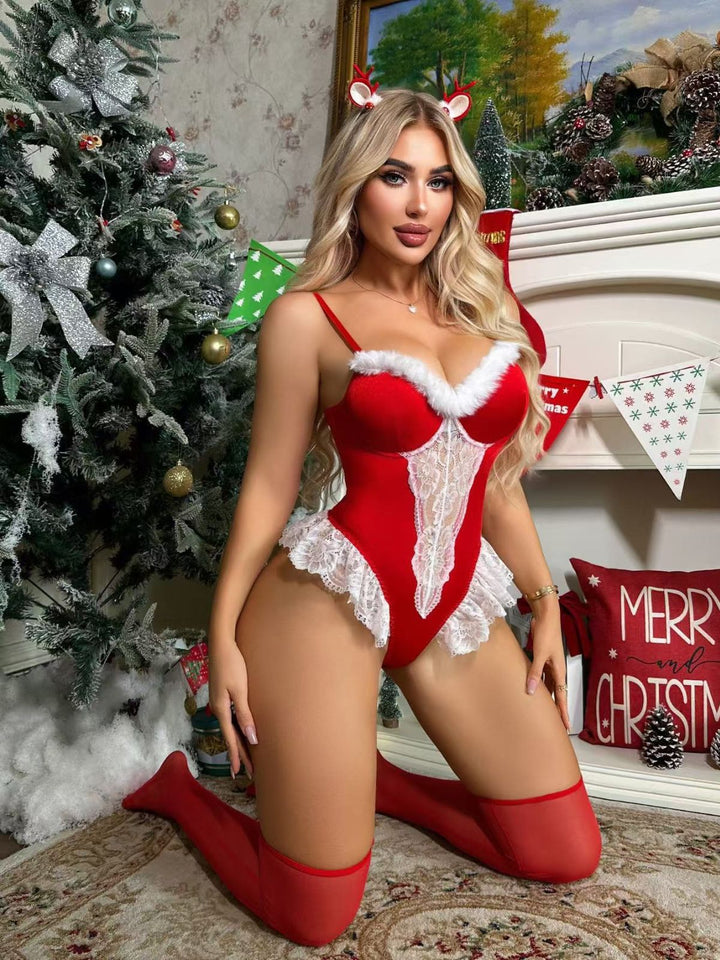 Red Reindeer Lace Christmas Lingerie Set - vintage fashion, retro style, elegant red