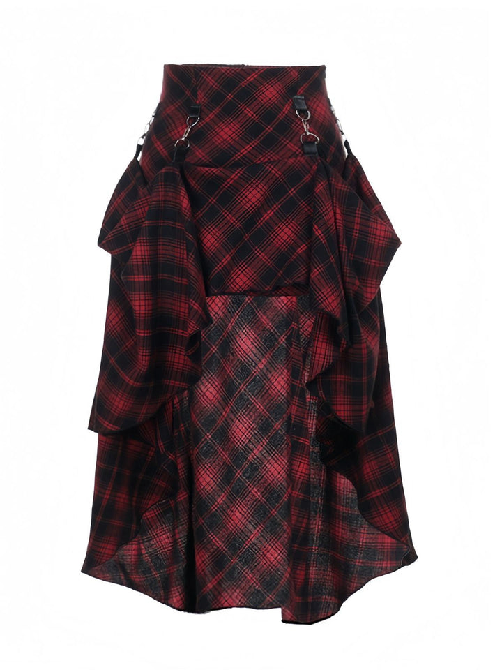 Red 1980s Scottish Plaid High-Low Hem Skirt - vintage skirt, retro style, elegant red