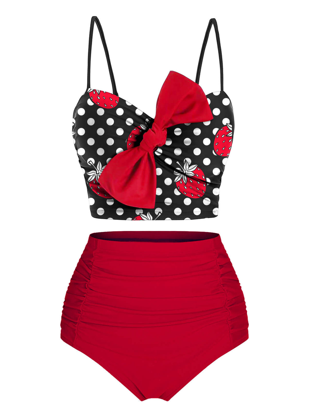 Red &amp; Black 1950s Strawberry Dots Bowknot Swimsuit, vintage swimsuit, pin-up swimwear - perfect for women who love vintage and retro fashion