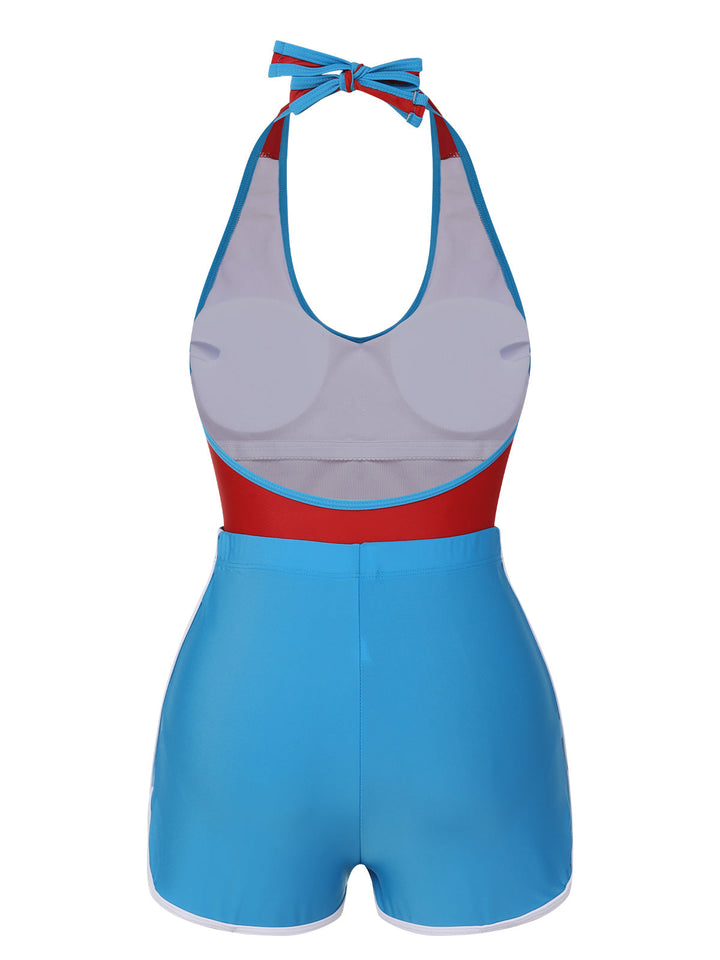 Red &amp; Blue 1930s Solid Patchwork Swimsuit Set, vintage swimsuit, pin-up swimwear - perfect for women who love vintage and retro fashion