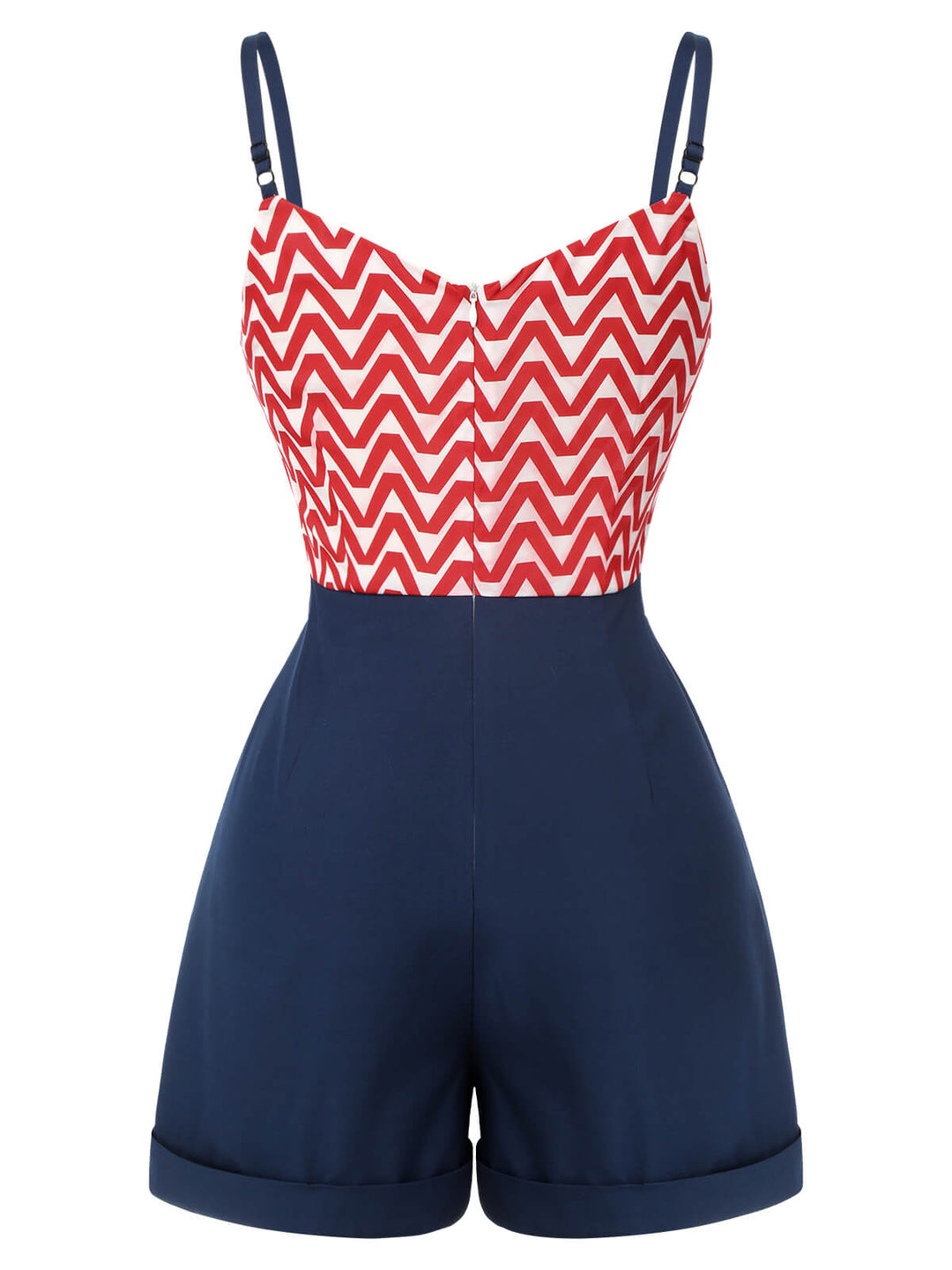 Red &amp; Blue 1950s Chevron Stripe Strap Romper, vintage romper, retro jumpsuit - perfect for women who love vintage and retro fashion