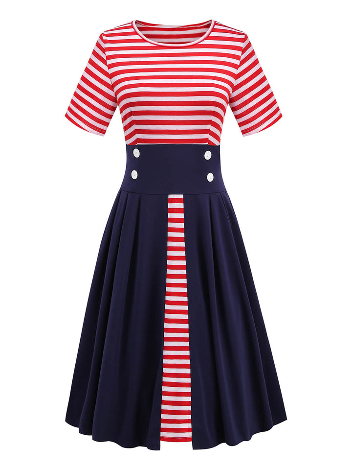 She slips into this Red &amp; Blue 1970s Stripe Patchwork Swing Dress and suddenly it&