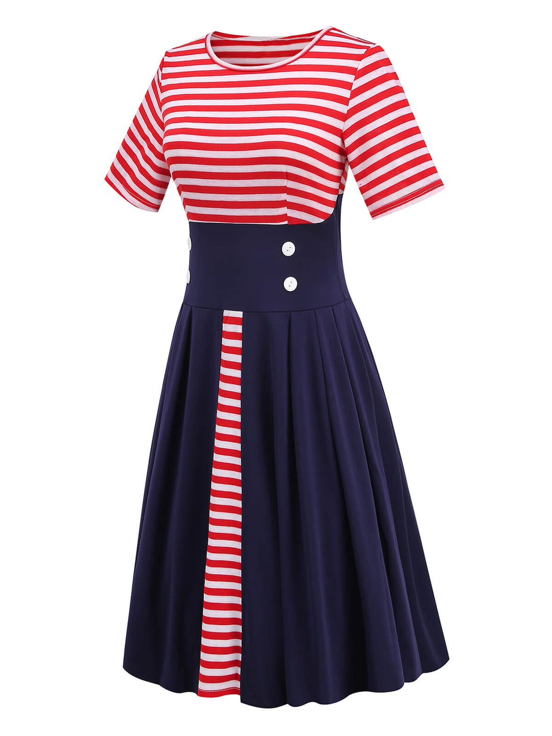 Red &amp; Blue 1970s Stripe Patchwork Swing Dress: where 1970s romance meets her modern spirit