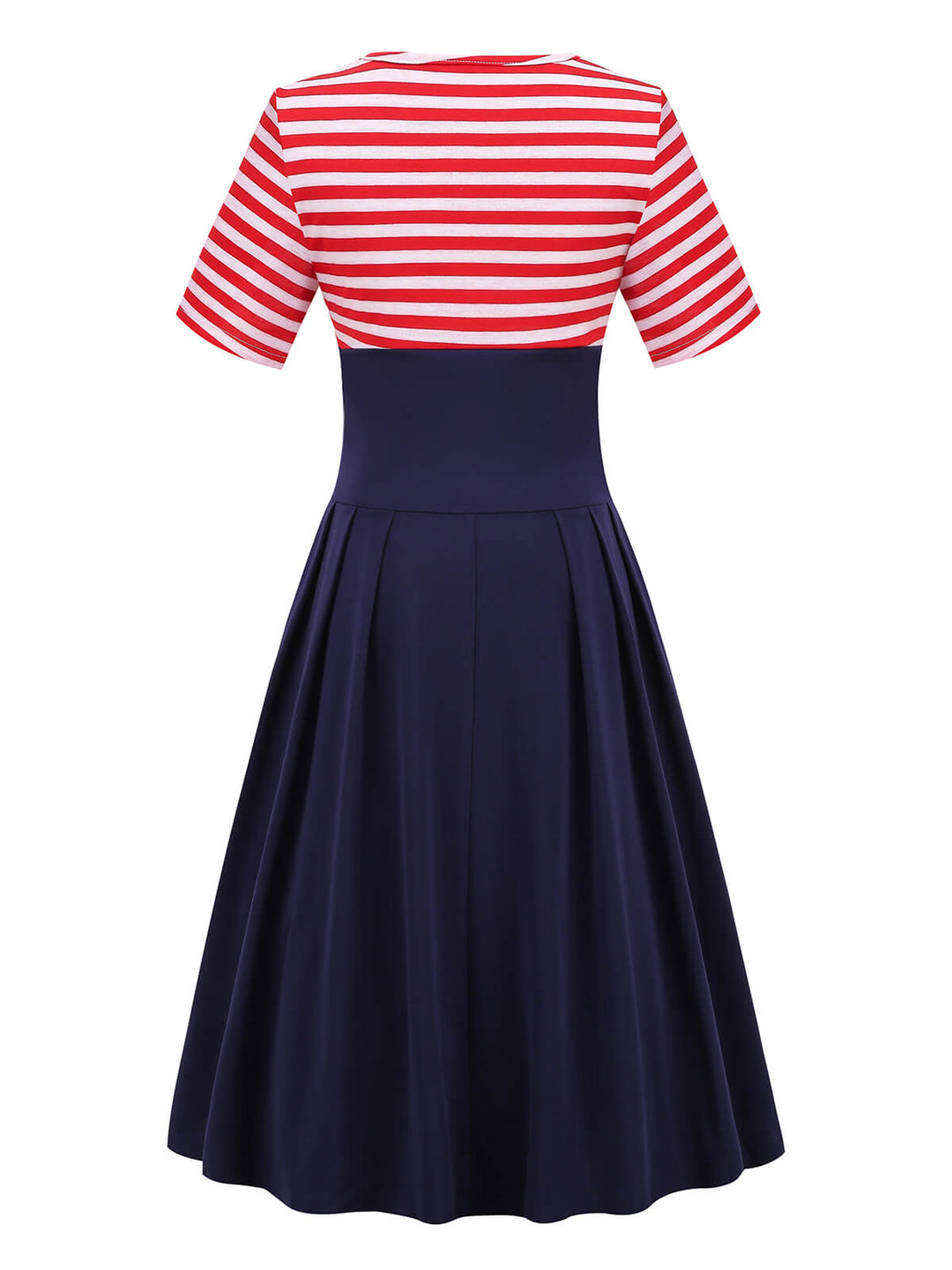 This Red &amp; Blue 1970s Stripe Patchwork Swing Dress wraps her in 1970s elegance, one twirl at a time