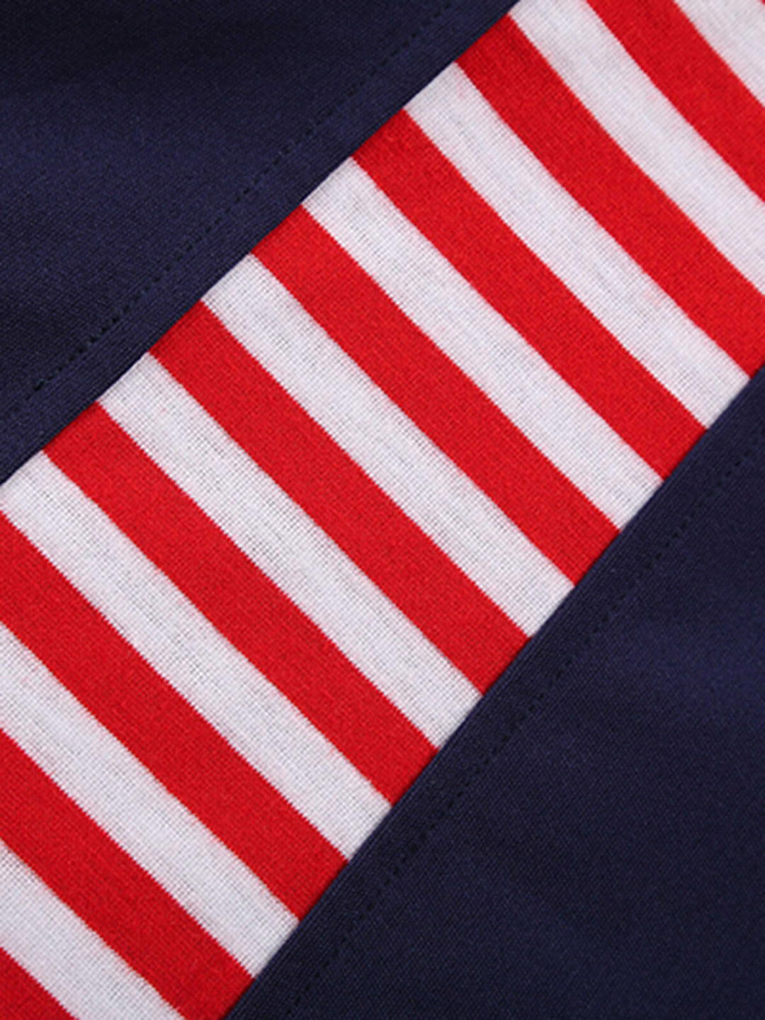 Red &amp; Blue 1970s Stripe Patchwork Swing Dress — the kind of 1970s dress that makes strangers smile