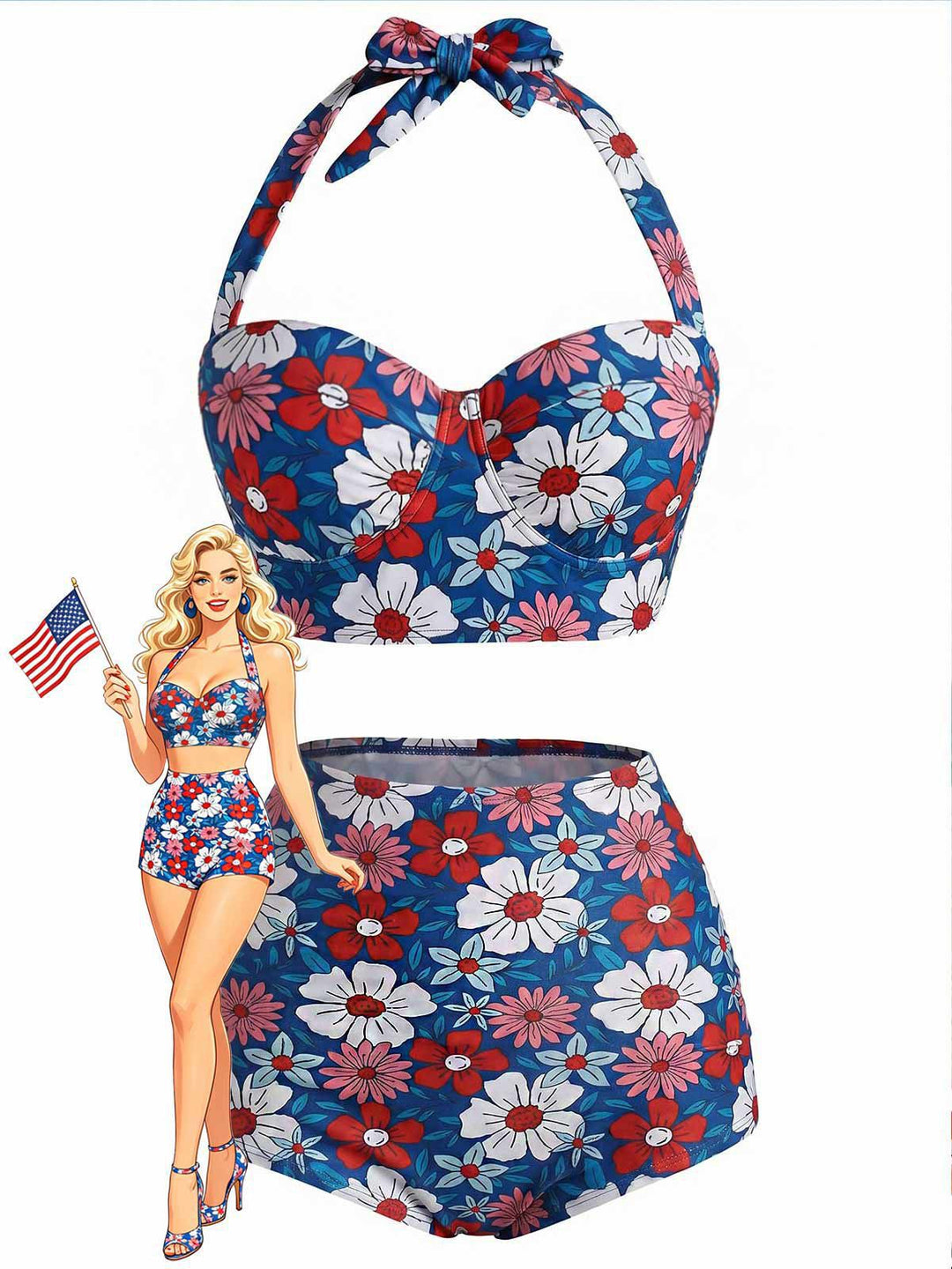 [Pre-Sale] Red &amp; Blue &amp; White Floral Halter Bikini Set, vintage swimsuit, swimwear - perfect for women who love vintage and retro fashion