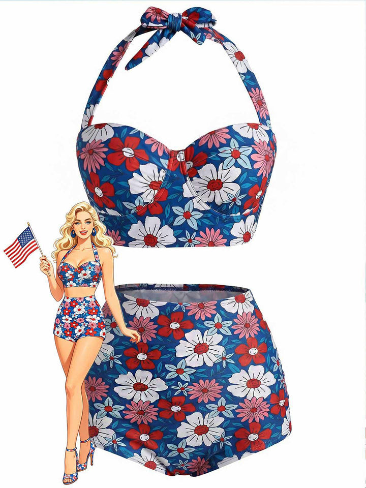 [Pre-Sale] Red &amp; Blue &amp; White Floral Halter Bikini Set, vintage swimsuit, swimwear - perfect for women who love vintage and retro fashion